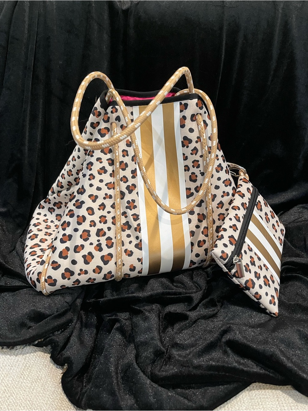 Leopard Print Tote Bag with Gold Stripe Accent - Women's Shoulder Bag